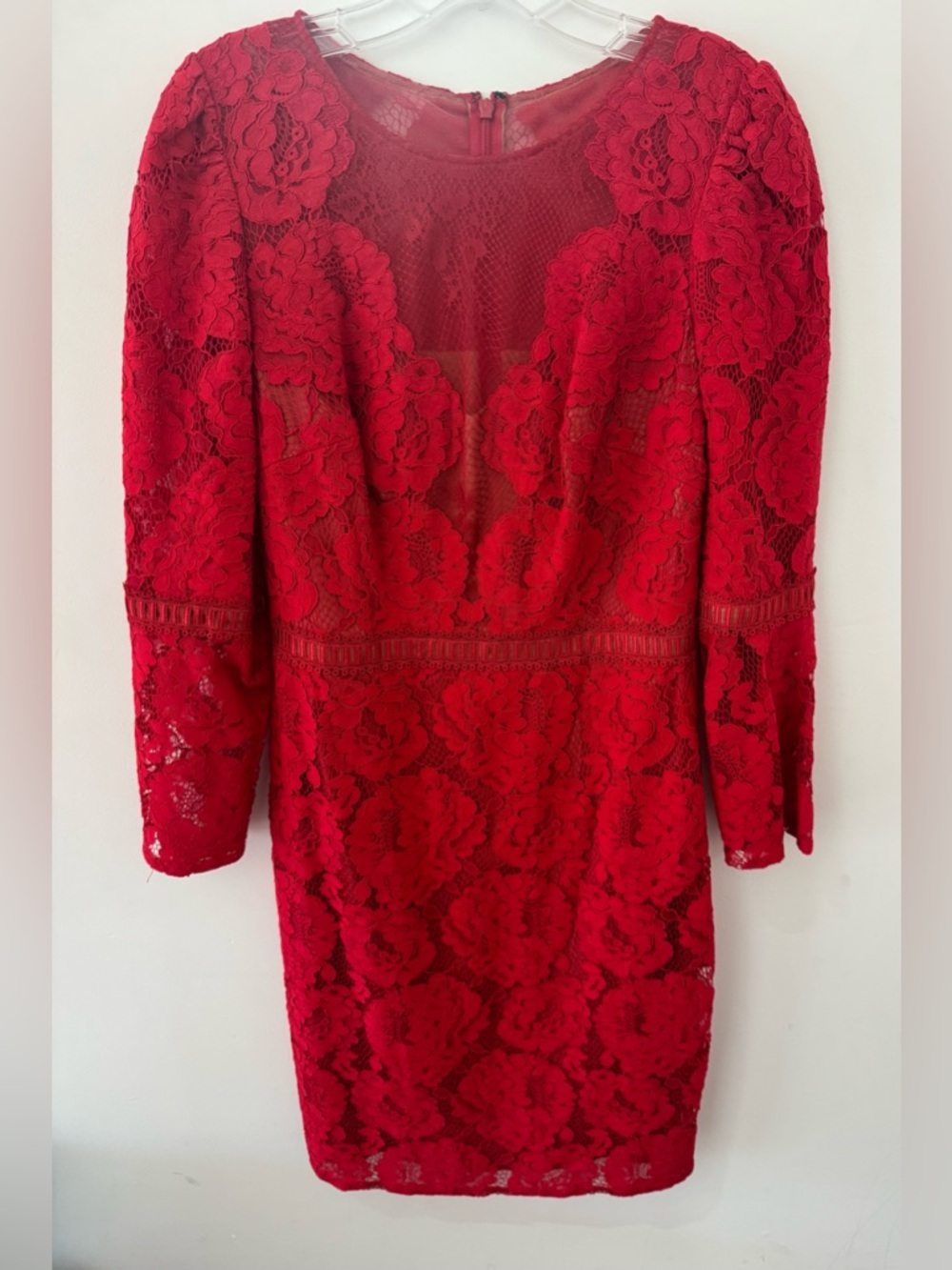 Tadashi Shoji Red Lace Sheath Dress with Bell Sleeves, Size 4